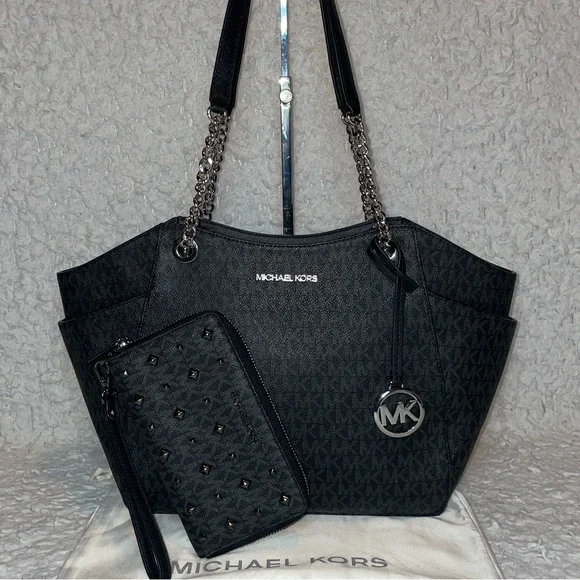 Michael Kors Jet Set Large Monogram Shoulder Bag Tote & Studded Wallet Set Black - Picture 3 of 17